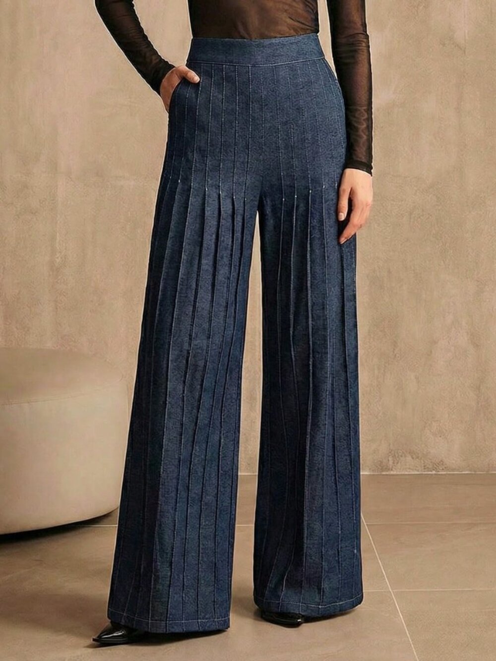 Blue Casual Women's Elegant Pleated Wide Leg Pants - Picture 5 of 7